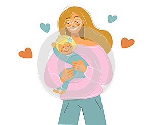 A mother holds her little daughter in her arms. A young woman hugs a child. Mother's Day greeting card template