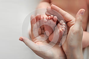 Mother holds newborn baby`s bare heels on white background.
