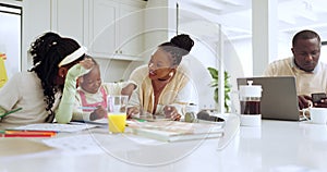 Mother, homework and children with working father in a kitchen together and kids learning school education. Black family