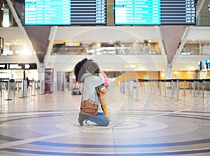 Mother hug child at airport for travel journey, welcome home reunion or goodbye, immigration and international