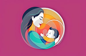 mother hugging baby, motherhood concept. illustration of beautiful girl holding newborn on hands