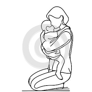 Mother hugging baby stylized vector. Woman with a newborn in her arms isolated. A young mom and baby on white background