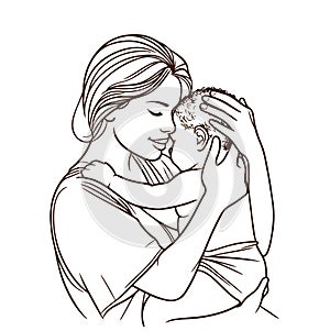 Mother hugging baby stylized vector. Woman with a newborn in her arms isolated. A young mom and baby on white background