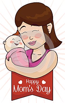 Mother Hugging her Smiling Baby with Mother's Day Ribbon, Vector Illustration