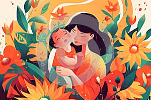 Mother hugging her toddler child among flowers. Moments of tenderness . Happy loving family. Good time at home. Mother\'s day