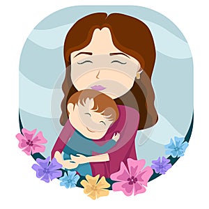 Mother hugging his baby, mom`s love vector illustration. Motherhood creative design for Mother`s Day