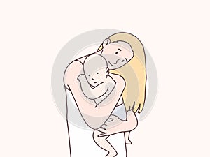 Mother hugs baby warmly simple korean style illustration