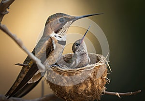 Mother hummingbird feeding her baby sitting on the nest, generative AI