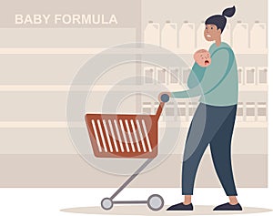 Mother with hungry crying little baby in the supermarket looking at the empty shelves with baby formula.   Baby formula shortage