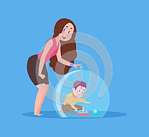 Mother hypercare. Mom protect child under glass dome. Care or disorder, safety baby vector concept
