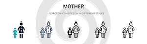 Mother icon in filled, thin line, outline and stroke style. Vector illustration of two colored and black mother vector icons