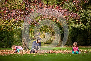 Mother and identical twins having fun with autumn leaves in the park, blond cute curly girls, happy kids, girls in pink jacket