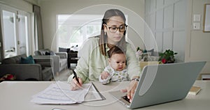 Mother, infant kid and writing with work from home office, laptop or care with typing, documents or reading with love