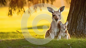 Mother kangaroo and her baby are standing together in field, with mother\'s paw resting on top of baby