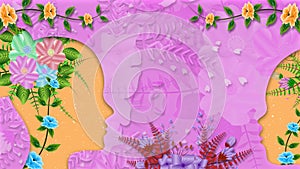 mother and kid face on beautiful floral texture. concept for mother\'s day celebration and greetings.