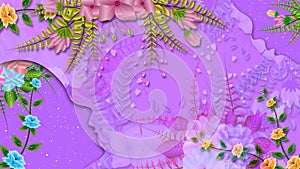 mother and kid face in purple colour texture with animated flowers and gradient colour background.