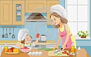 Mother and kid girl preparing healthy food at home together. Best mom ever. Mother and daughter cooking food together