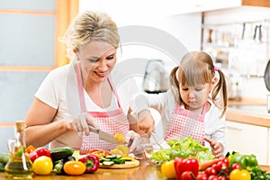 Mother and kid girl preparing healthy food