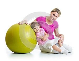 Mother and kid having fun with gymnastic ball