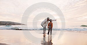 Mother, kid and pointing at the sunset, beach and teaching a child about the ocean, sea or water in summer, vacation or