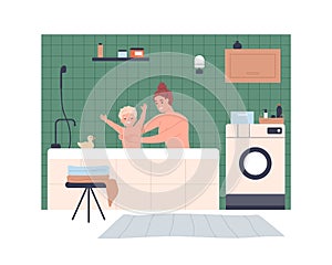 Mother and kid taking bath in home bathroom. Happy mom and boy child in bathtub together. Smiling woman and son toddler