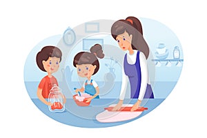 Mother with kids cooking flat vector illustration
