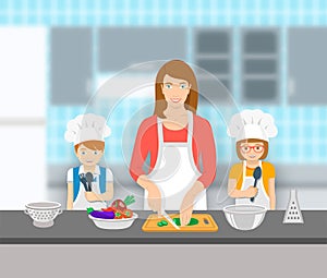 Mother and kids cooking together at kitchen flat illustration