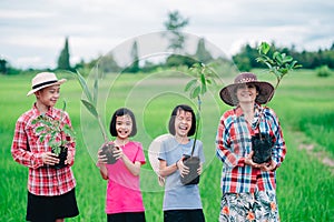 Mother and kids planting the tree on dirt on rice field and blue sky background