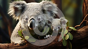 Mother koala with baby on her back, on eucalyptus tree. generative ai