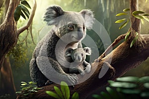 Mother koala with baby, sitting on eucalyptus tree branch in rainforest