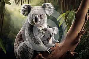 Mother koala with baby, sitting on eucalyptus tree branch in rainforest