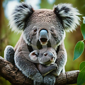 Mother Koala Cuddles Joey in Eucalyptus Tree