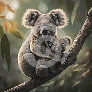Mother Koala Cuddles Joey in Eucalyptus Tree