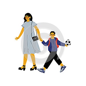 Mother Leading Her Son Student to School, Cute Boy and His Mom Walking Together Vector Illustration