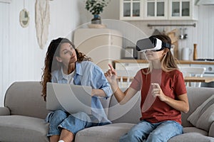 Mother limiting child use of vr technologies, teen girl spending too much time in virtual world