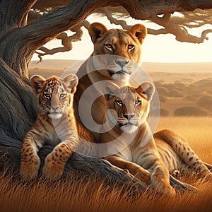 Mother Lioness with Lion and Tiger cub in the African savannahas