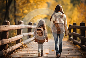 Mother, little daughter with backpack going to school or daycare