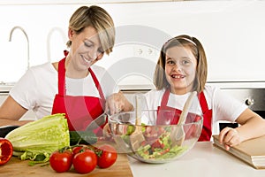 Mother and little daughter cooking together with cook apron preparing salad at home kitchen