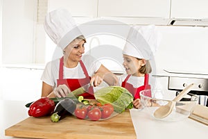 Mother and little daughter cooking together with hat apron preparing salad at home kitchen