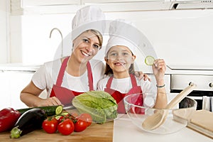 Mother and little daughter cooking together with hat apron preparing salad at home kitchen