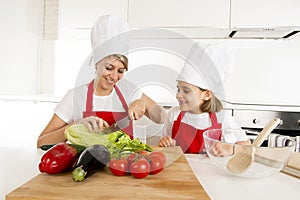 Mother and little daughter cooking together with hat apron preparing salad at home kitchen