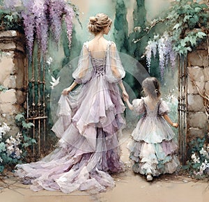 Mother and Little Girl Walking Through Garden Gate
