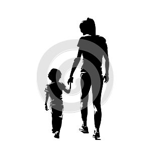 Mother with little kid walking and holding hands. Rear view, abstract isolated vector silhouette