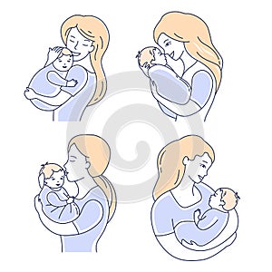 Mother love and child . Motherhood illustration set. Mom looking at the baby hand drawn style vector