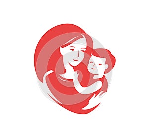 Mother loving hugs little baby logo. Mothers day, motherhood symbol