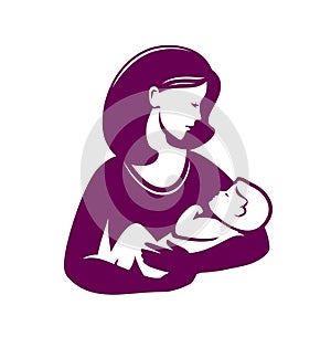 Mother loving hugs little baby symbol. Mothers day, motherhood or logo