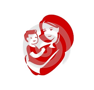 Mother loving hugs little baby symbol. Mothers day, motherhood logo vector illustration