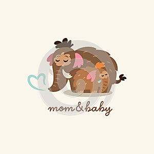 Mother mammoth with baby. Cartoon logotype. Vector illustration