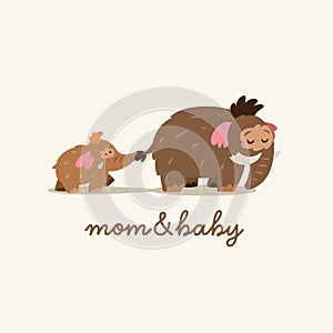 Mother mammoth with baby following her. Cartoon logotype. Vector illustration