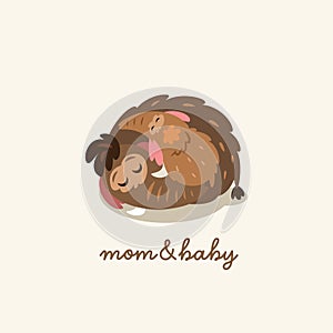 Mother mammoth sleeping with her baby. Cartoon logotype. Vector illustration